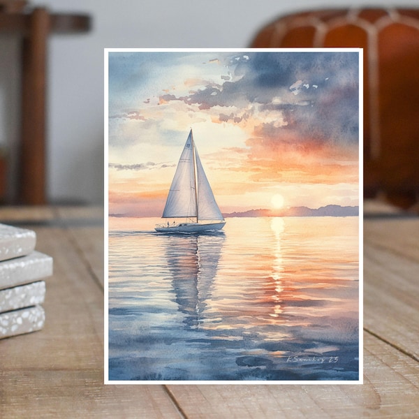 Evening Drift – Lake Sailing at Golden Hour Watercolor Handmade Note, Greeting, All Occasion Handmade Card