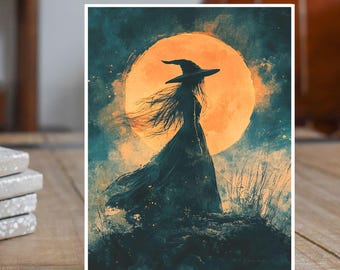 Midnight Magic, Witch Under the Full Moon, Watercolor Art, Gothic Landscape, Mystical Scene, Note, Greeting, All Occasion Handmade Card