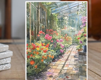 May include: Watercolor painting of a greenhouse with a brick pathway and a variety of colorful flowers in bloom. The greenhouse has a glass roof and walls, and the flowers are arranged in rows along the pathway.