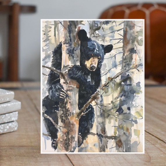 Watercolor Wildlife Black Bear in Forest, Nature Illustration Greeting Card, Note Cards, Invitations Unique Handmade Stationary