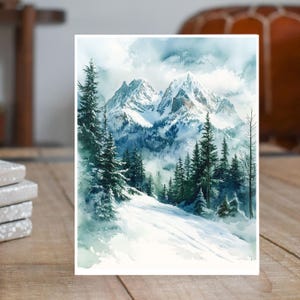 Winter Mountain Serenity Watercolor Handmade Note, Greeting, All Occasion Handmade Card
