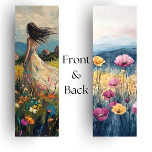 Girl in Meadow Acrylic Art Bookmark, Feminine Decor, Wildflower Landscape, Nature Bookmark Gift, Handmade Laminated Bookmark