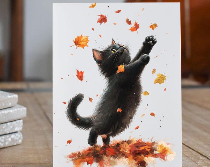 Black Cat and Autumn Leaves, Whimsical Fall Greeting Card, Cute Cat Art, All Occasion Note Card, Greeting Cards