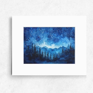 Starry Sky Over Mountains, Watercolor Night Scene, Watercolor Landscape, Original Art