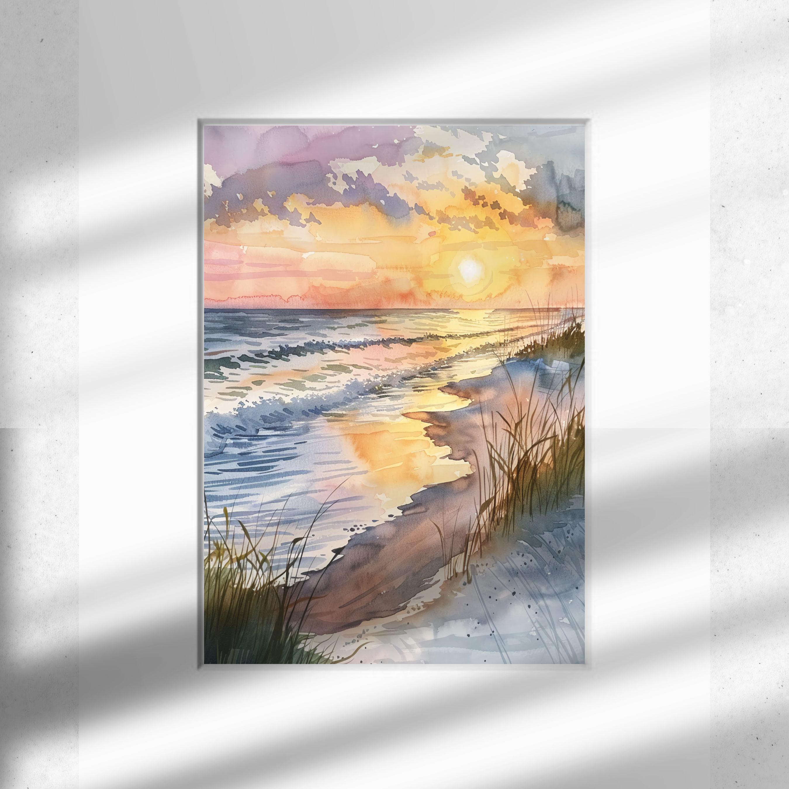 Serene Beach Sunset Watercolor Art Print, Coastal Landscape, Ocean ...