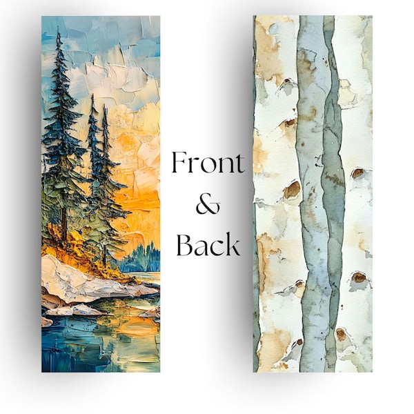 Marcapáginas de técnica mixta "Amanecer en el bosque", arte natural, accesorio de lectura inspirado en el bosque, regalo para amantes del bosque, marcapáginas laminado hecho a mano