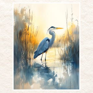 May include: A watercolor painting of a blue heron standing in a shallow body of water with tall reeds in the background. The heron has a long, thin neck and a long, pointed beak. The water is a light blue color and the reeds are a light brown color.