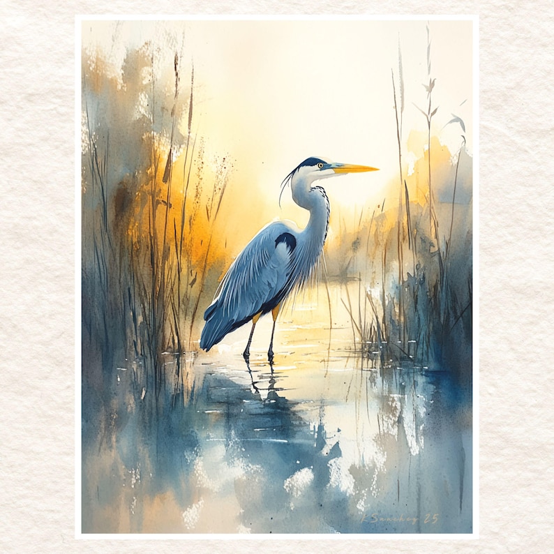May include: A watercolor painting of a blue heron standing in a shallow body of water with tall reeds in the background. The heron has a long, thin neck and a long, pointed beak. The water is a light blue color and the reeds are a light brown color.