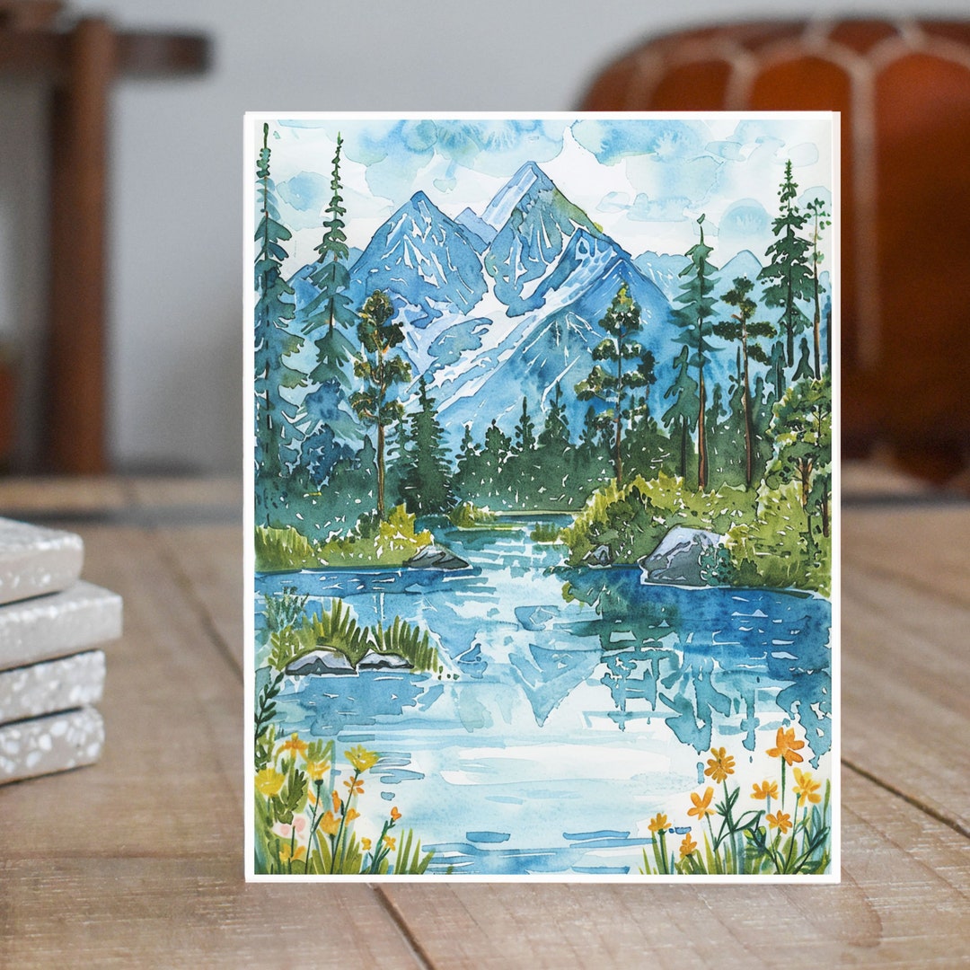Tranquil Mountain Lake Watercolor, Note Card Greeting, Thank You, All ...