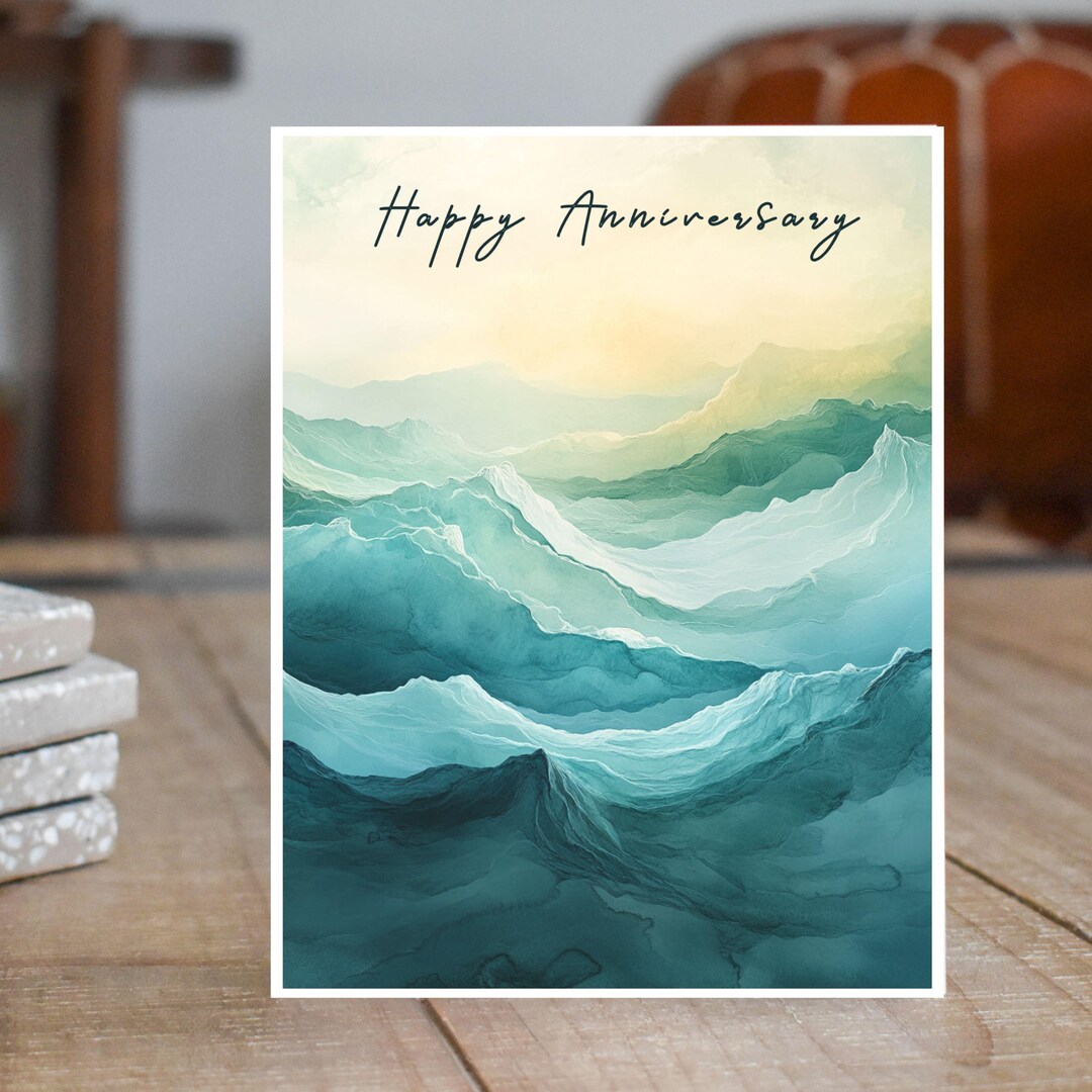 Happy Anniversary Card, Abstract Ocean Waves Watercolor, Loving ...