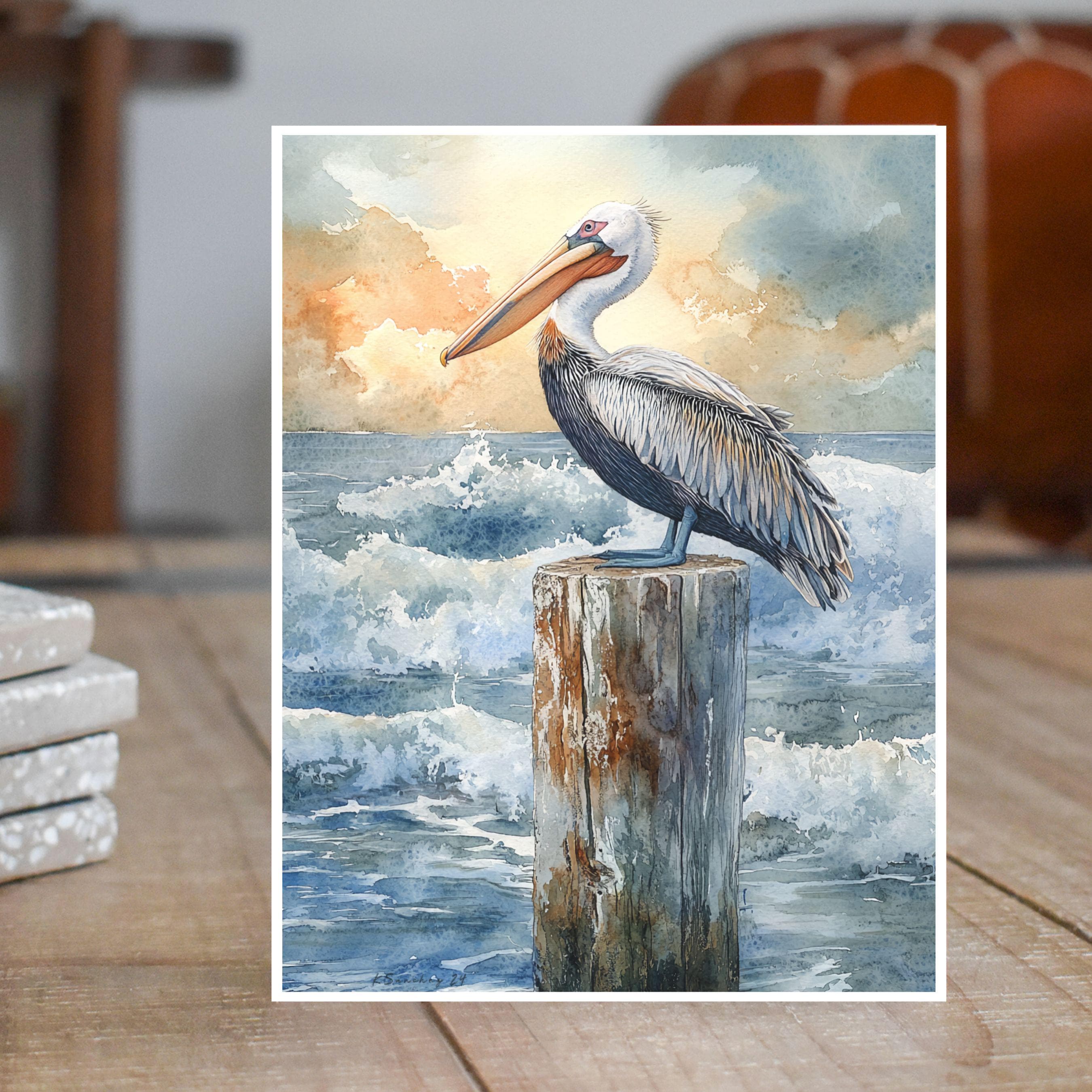 Pelican at Sunset Watercolor Handmade Note, Greeting, All Occasion Handmade Card