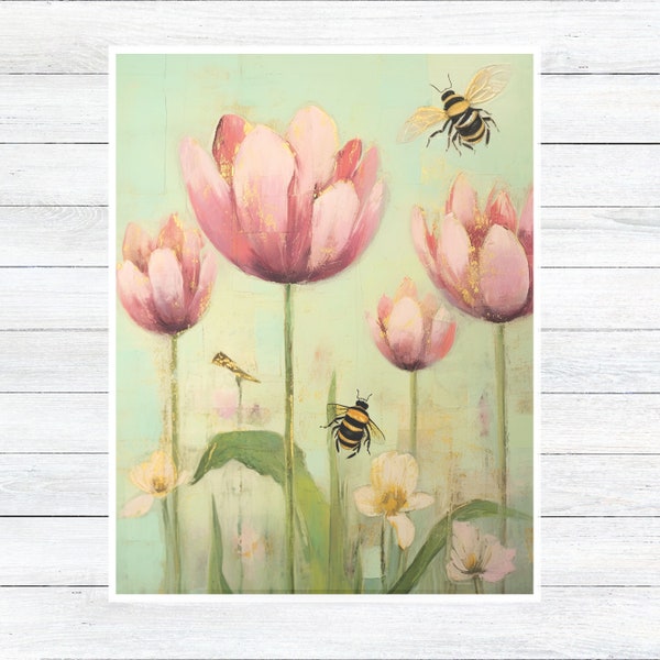 Tulip Flowers & Bees Greeting Card, Watercolor Painted Flowers and Bees Cards Set, Note Cards, Invitations, Unique Handmade Stationary