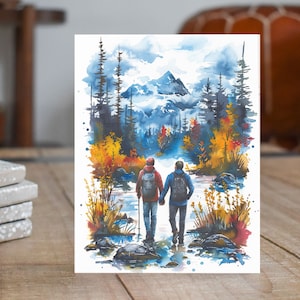 May include: Watercolor painting of two people hiking in a forest with mountains in the background. The people are wearing backpacks and walking side by side. The forest is filled with trees and foliage in shades of green, brown, and yellow. The mountains are in the distance and are covered in clouds.