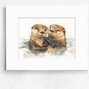 Otter Couple Art Print, Watercolor Animal Artwork, Cute Nature Decor, Love Wall Art, Romantic Otters, High-Quality Original Art Print