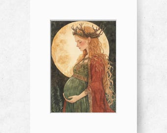 The Great Mother Goddess at Yule Birth of the King, Pagan Winter Solstice Art Print, Pagan Art, Yule Celebration, Original Art