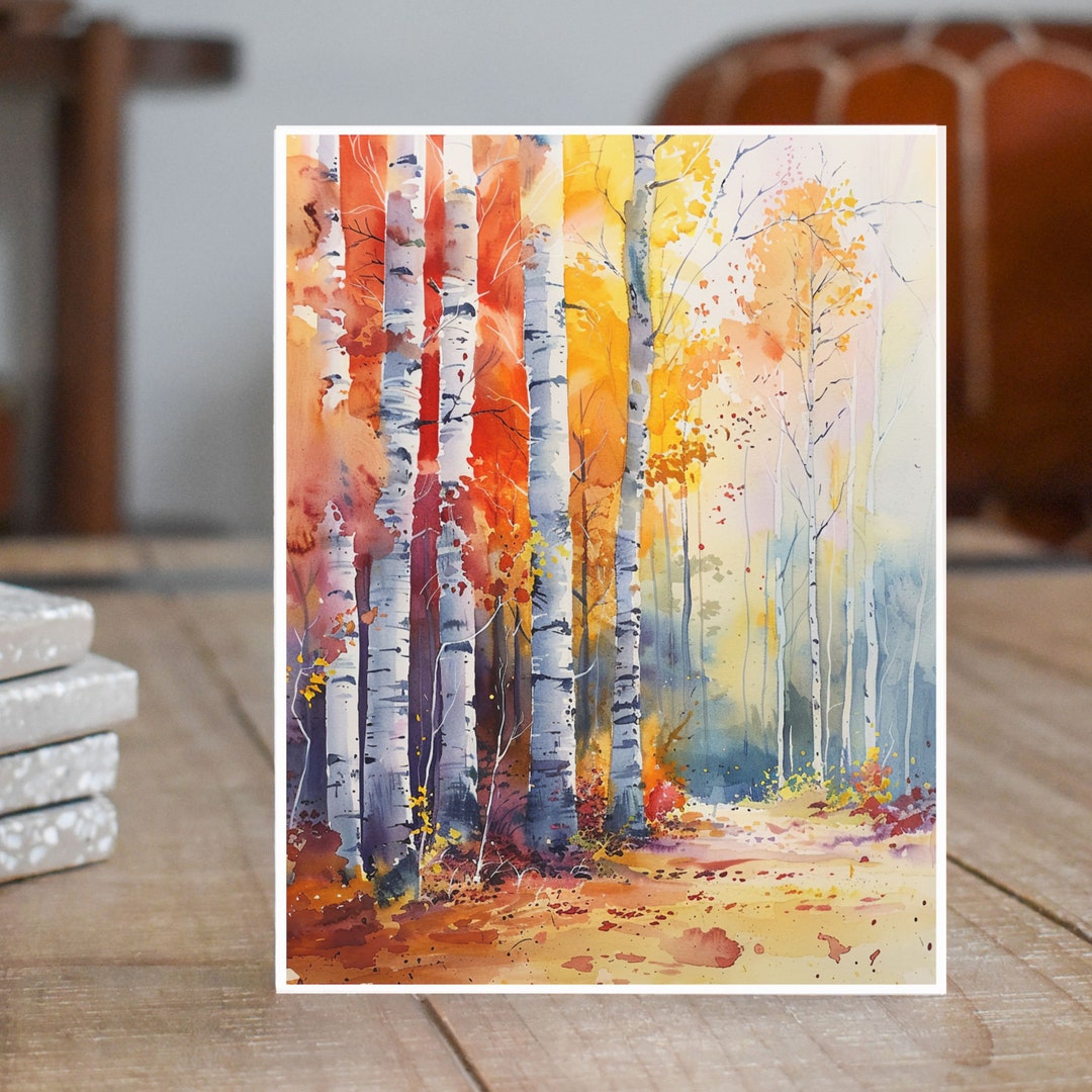 Watercolor Birch Forest Autumn Trees, Vibrant Fall Colors, Note Card ...