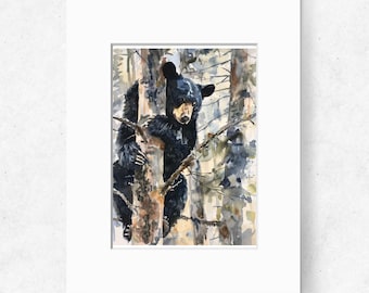 Watercolor Wildlife Black Bear in Forest, Nature Wall Print, Wildlife Painting, Original Artwork Print