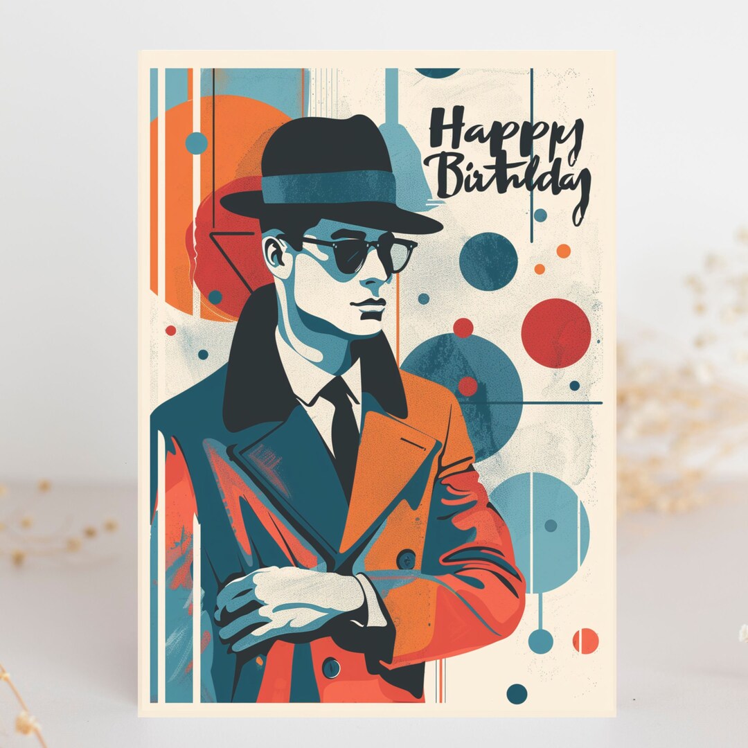 Midcentury Modern Man, Happy Birthday Card, Watercolor Birthday Card
