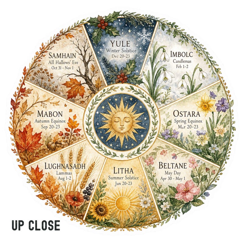 May include: Circular watercolor illustration depicting the Wheel of the Year, with seasonal symbols and text. The image features the eight sabbats: Samhain, Yule, Imbolc, Ostara, Beltane, Litha, Lughnasadh, and Mabon. The text "UP CLOSE" is at the bottom.