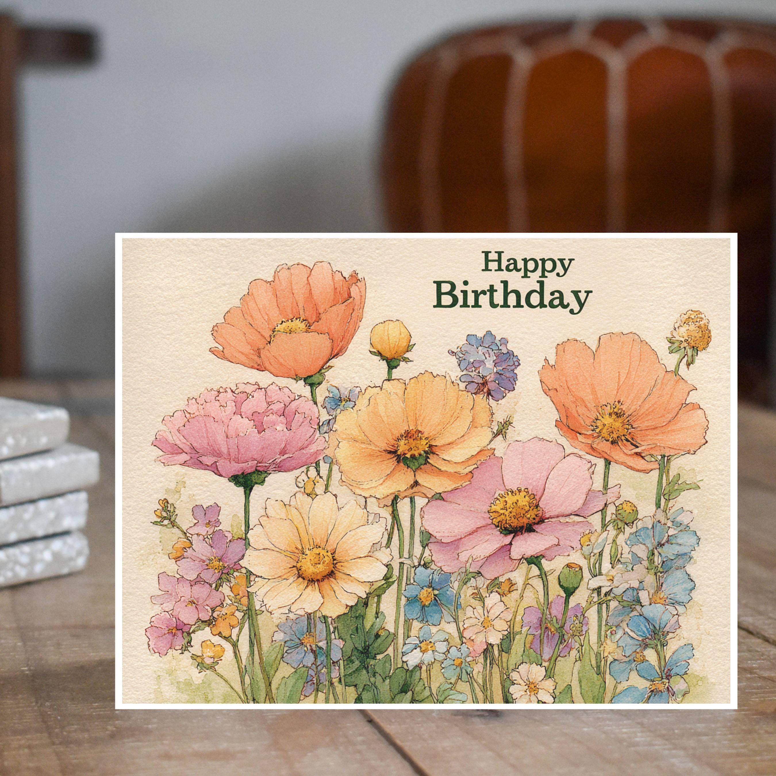 Old English Co. Wild Flower Meadow Birthday Card - Bright Green Foliage Gold Greeting Card For Him Or Her | Elegant For Friends And Family | Blank Inside And Envelope Included