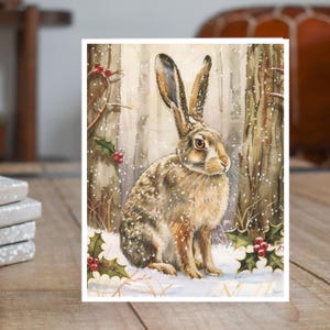 Christmas Woodland Hare Card, Snowy Rabbit, Winter Bunny, Woodland Animal, Holiday Greeting, Merry Christmas, Nature Lover Holiday Note Card
