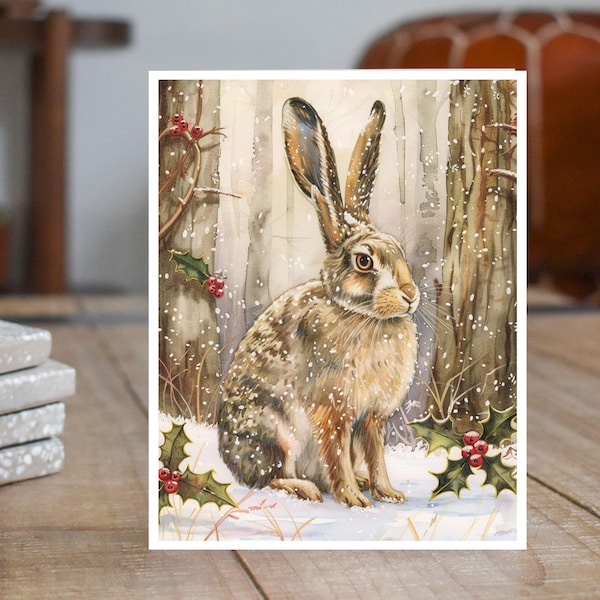 Christmas Woodland Hare Card, Snowy Rabbit, Winter Bunny, Woodland Animal, Holiday Greeting, Merry Christmas, Nature Lover Holiday Note Card