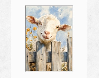 May include: A white goat with yellow eyes peeks over a wooden fence. The goat has a happy expression on its face. The fence is made of weathered wood planks. There are yellow flowers in the background.