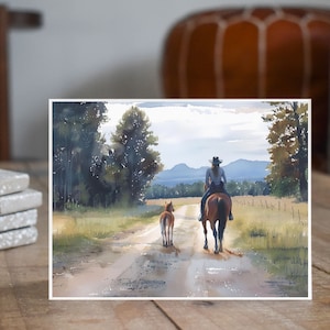 Country Trail Horseback Rider Card, Watercolor Rural Landscape, Note Card Greeting, Thank You, All Occasion, Birthday Card, Invitations