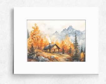 May include: A watercolor painting of a cozy cabin nestled in a mountain forest. The cabin has a wood exterior and a warm glow emanating from its windows. The surrounding trees are a mix of green and yellow, suggesting autumn. The mountains in the background are covered in snow and mist.