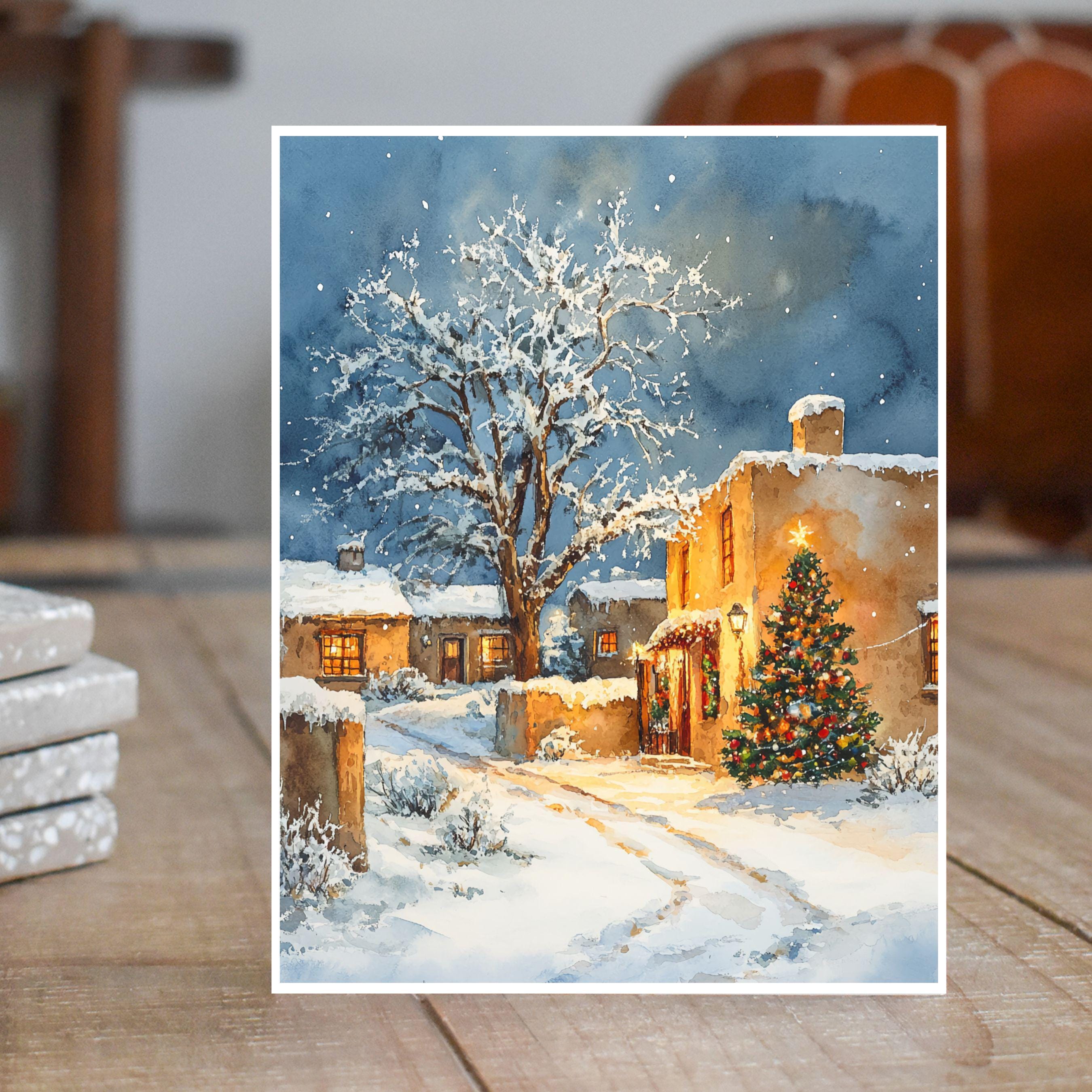 Santa Fe Christmas Eve Card, Southwest Holiday Art Print, Festive