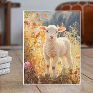 May include: A white lamb with pink ears stands in a field of yellow and orange wildflowers. The lamb is looking directly at the viewer with a gentle expression.