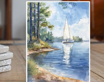 Sailing on the Lake Watercolor Card, Note Card Greeting, Thank You, All Occasion, Birthday Card, Invitations, Unique Handmade Stationery