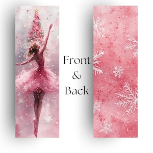 May include: A watercolor illustration of a ballerina in a pink tutu dancing in front of a pink Christmas tree with white snowflakes falling around her. The background is a soft pink with white snowflakes.