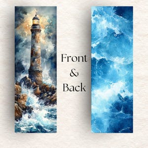 May include: A watercolor painting of a lighthouse on a rocky shore with crashing waves. The lighthouse is brown and white with a light on top. The waves are blue and white.