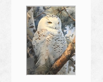 Snowy White Owl Art Print, Watercolor Wildlife Art, Winter Bird Wall Decor, Majestic Snowy Owl Watercolor Original Painting