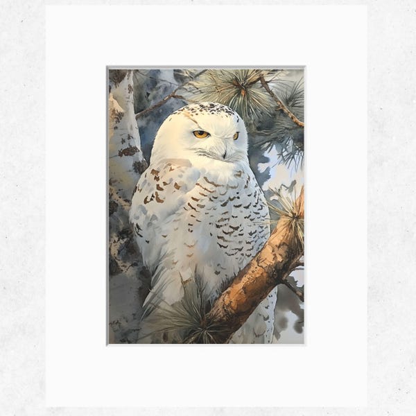 Impresión artística de búho blanco nival, arte de vida silvestre en acuarela, decoración de pared de aves invernales, pintura original de acuarela de un majestuoso búho nival