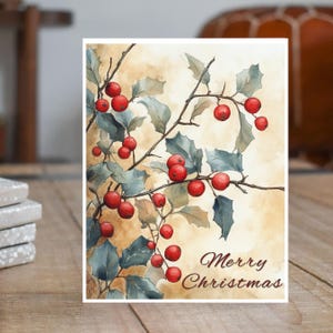 Watercolor Holly Berry Christmas Card, Elegant Holiday Greeting, Festive Christmas Art Handmade Card