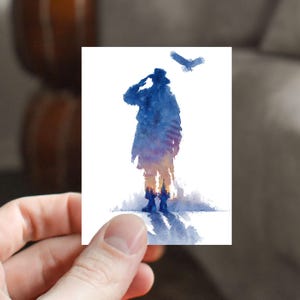 Freedom’s Watch, Saluting Soldier and Eagle in Flight, Patriotic Tribute, Watercolor Vinyl Sticker, Vinyl Decal Sticker