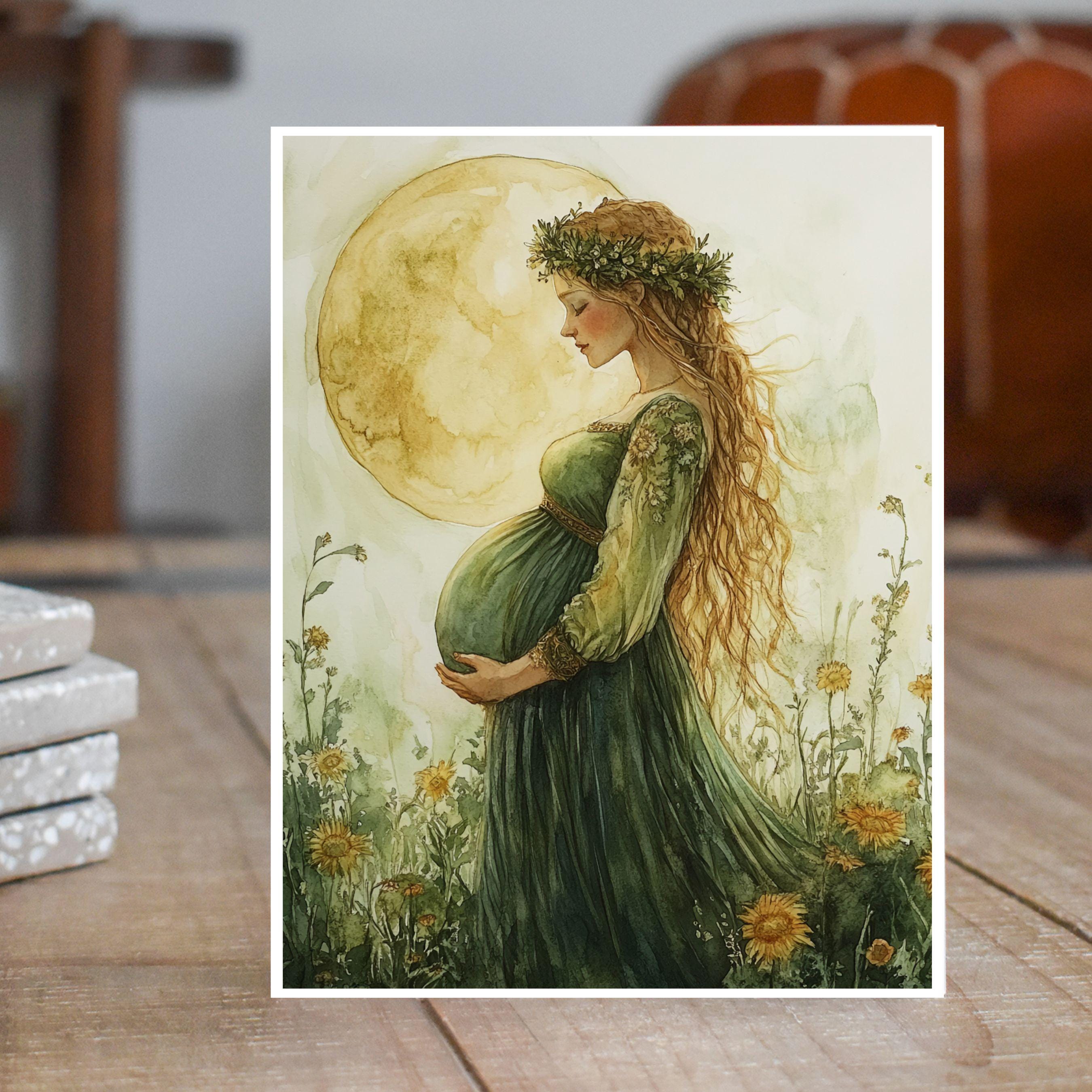 painting of pregnant woman in green dress Blooming Beneath the Moon Card, Watercolor Woman, Nature and Motherhood Greeting, All Occasion Note Card, Handmade Card famous painting woman in green dress