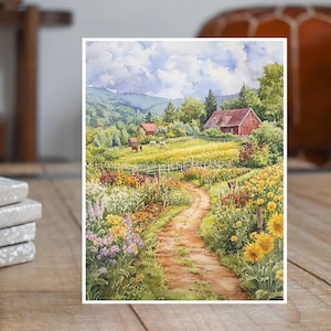 May include: A watercolor painting of a country road winding through a field of wildflowers. A red barn sits on a hill in the distance, with a few trees and a blue sky with white clouds.