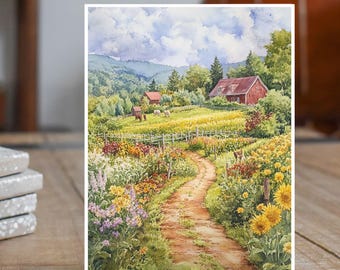 Through the Garden Gate, Rustic Farmhouse & Homestead Dreams- Watercolor Greeting Card, Note Card Greeting, Thank You, All Occasion
