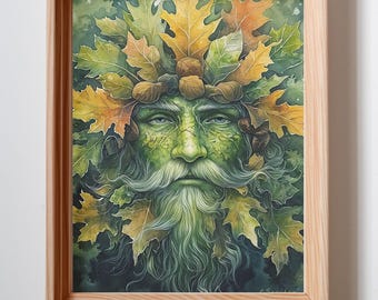 The Green Man, Ancient Nature Spirit, Sacred Folklore Art Watercolor Art Print, Spring Equinox, High-Quality Original Art Print