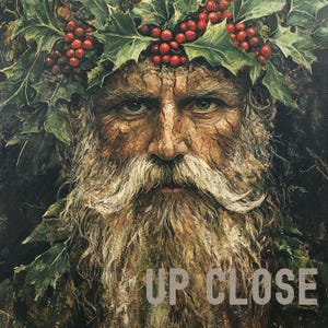 May include: A close-up portrait of a man with a long white beard and a crown of green leaves and red berries. The man's eyes are intense and focused, and his expression is serious. The image is painted in a realistic style and has a dark, moody atmosphere.