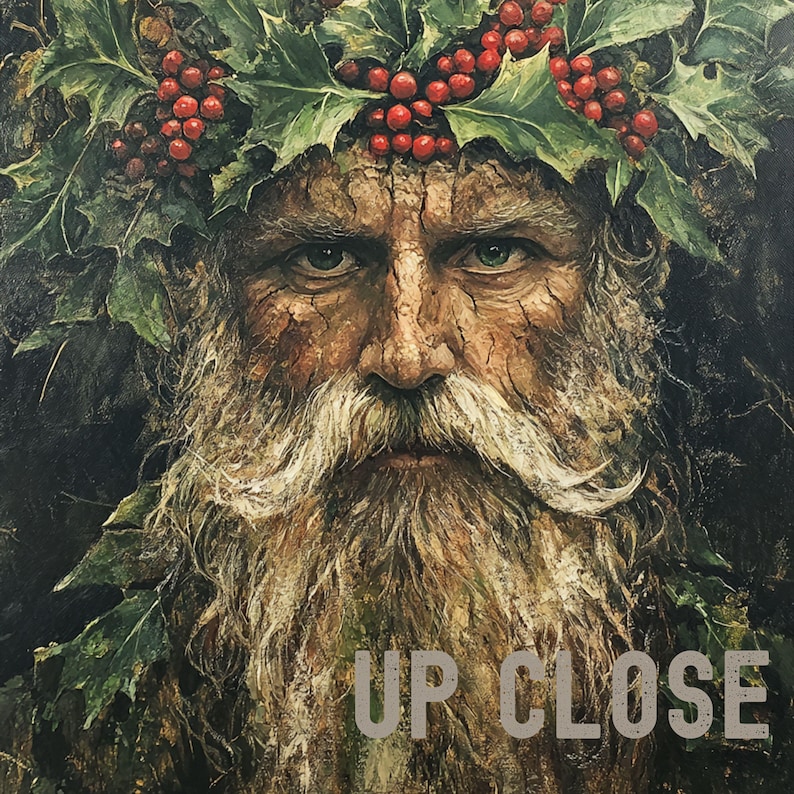 May include: A close-up portrait of a man with a long white beard and a crown of green leaves and red berries. The man's eyes are intense and focused, and his expression is serious. The image is painted in a realistic style and has a dark, moody atmosphere.