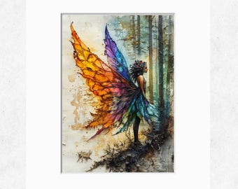 Fairy with Colorful Wings Art Print, 1st in Series, Enchanted Forest Fantasy Wall Art, Whimsical Nature Decor, Magical Fairy Art Print