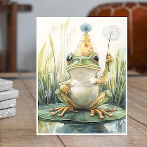 Make A Wish Card, Frog with Hat and Dandelion, Funny Whimsical Animal, Cute Pond Scene, Handmade Greeting Card
