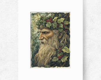 Pagan Yule Holly King Watercolor Art Print Winter Solstice Decor, Pagan Art, Mystical Winter King, Yule Solstice Print, Original Art