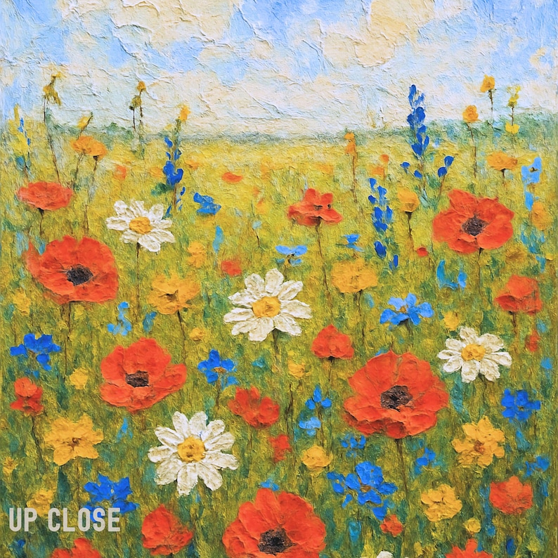 Impression d'art champ de fleurs sauvages, paysage floral acrylique, décoration murale nature colorée, oeuvre d'art fleurs d'été, impression d'art originale de haute qualité image 2