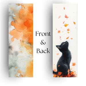 Black Cat Fall Leaves Bookmark, Cat Lover&#39;s Autumn Book Accessory, Halloween Reading Gift, Feline and Fall Art Bookmark