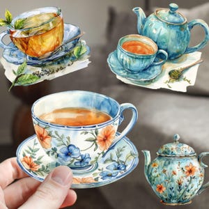 May include: Four watercolor illustrations of teacups and teapots. The teacups are all different designs, with one featuring a floral pattern. The teapots are both blue and green with floral patterns.